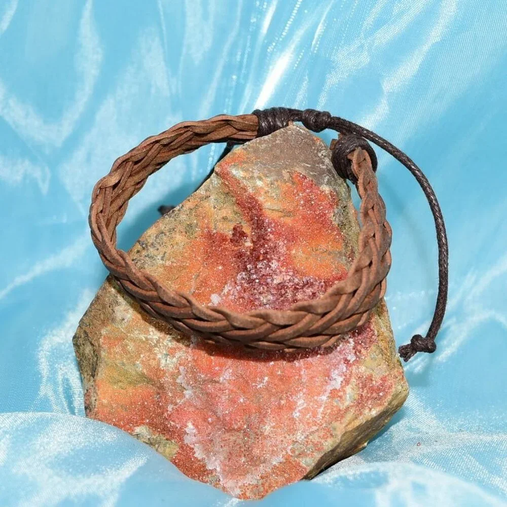 Tye Herringbone Mens Weathered Sliding Tie Brown Leather Bracelet Gift Packaged